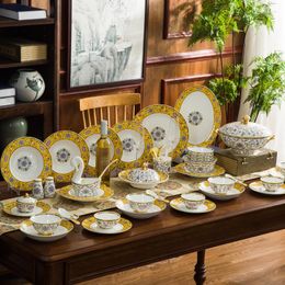 Ensembles de vaisselle 80 pièces ensemble de vaisselle en porcelaine d'os de mariage émail Royal haute qualité ménage chinois de luxe Jingdezhen vaisselle en céramique plat cadeau