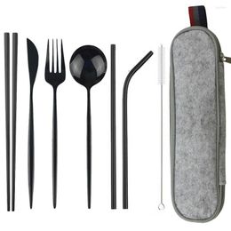 Serviesgoed sets 8 stks 304 roestvrijstalen set lepel vork tik stokstro met tas bestek voor reizen buitenkantoor picknick bbq