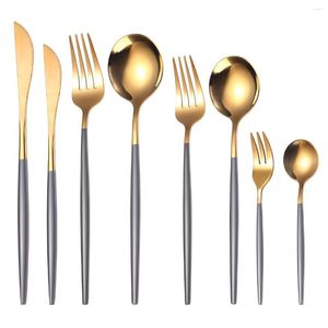 Dijkartikelen sets 8 stks gouden set roestvrij staal tafelwerk dessert mes vork lepel flatware zilverwerk bestek fel licht