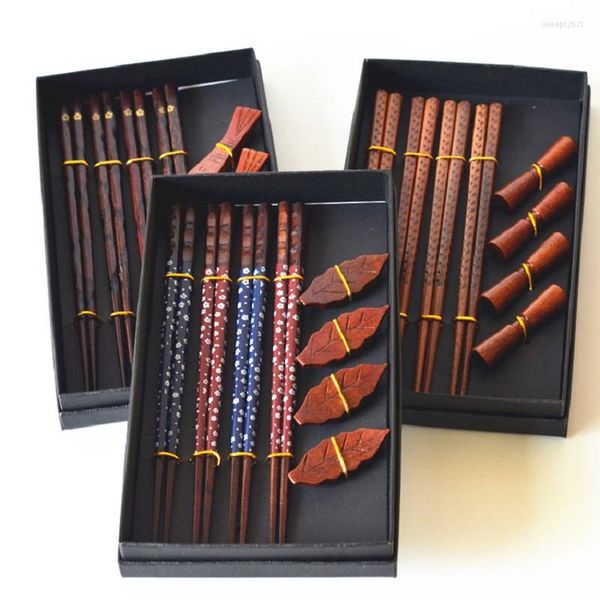 Ensembles de vaisselle 8 pièces coffret cadeau de pendaison de crémaillère 4 porte-baguettes ensemble en bois naturel japonais fait à la main