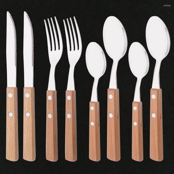 Ensembles de vaisselle 8 pièces miroir en acier inoxydable manche en bois véritable argenterie couverts Portable couteau à Steak fourchette thé cuillère vaisselle cuisine