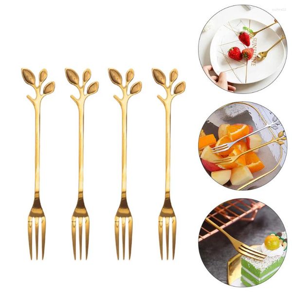 Ensembles de vaisselle 8pcs en acier inoxydable à gâteau de feuilles de gâteau de fruits Fruit Forks Kitchen Tool (doré)