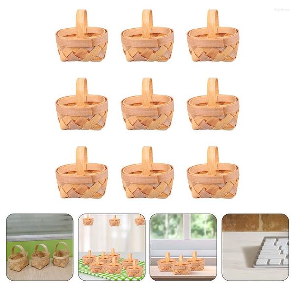 Conjuntos de vajilla 9 PCS Cesta tejida Soporte de escritorio Pequeñas cestas de dulces Embalaje Mini regalo de boda de madera Bebé