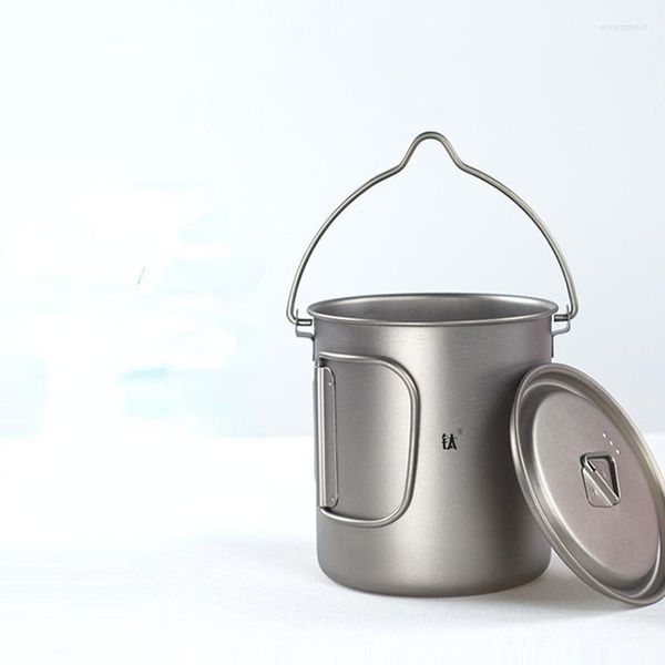 Ensembles de vaisselle 900ml / 1600ml Titanium Pot Cup Hanging Camping Portable Water avec couvercle Poignée pliable Vaisselle extérieure Pique-nique Ustensiles de cuisine