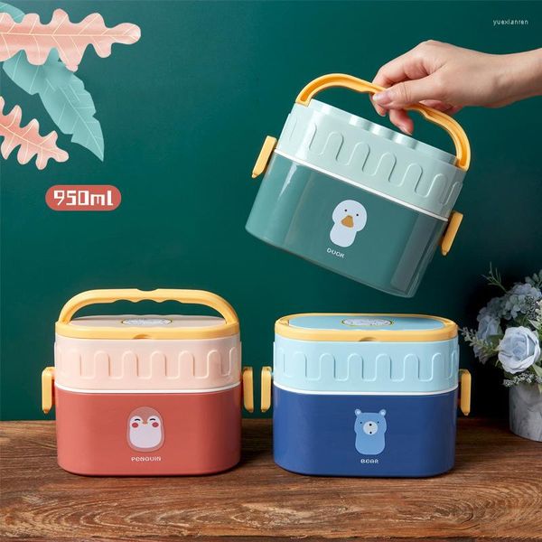 Juegos de vajilla 950Ml caja de almuerzo de dibujos animados para niños estudiante 2 capas microondas Bento contenedor de almacenamiento portátil niños escuela Oficina