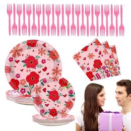 Ensembles de vaisselle 96 pièces Plaque en papier Saint-Valentin Plaque de table jetable Ensemble de vaisselle Color Impression imperméable Assiettes Rose Flower Party