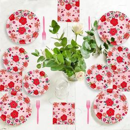 Ensembles de vaisselle 96 pièces Saint-Valentin Table de table de table Couleur Impression des assiettes imperméables Napkins Forks Arrangement Party Supplies