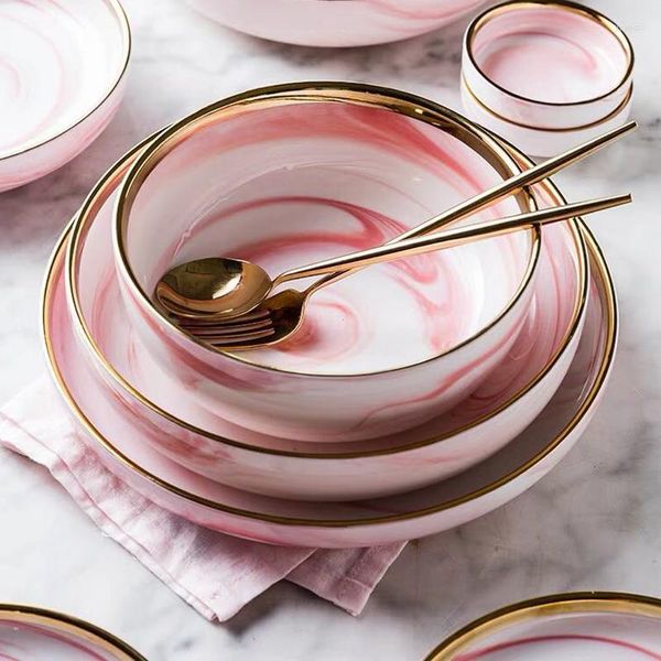 Conjuntos de vajilla AG Plato de cena de cerámica de mármol rosa Plato Ensalada de arroz Fideos Tazón Platos de sopa Vajilla para el hogar Herramienta de cocina