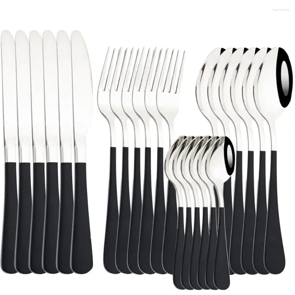 Ensembles de vaisselle Ajoyous 24pcs ensemble de couverts noir argent couteau occidental fourchette cuillère couverts en acier inoxydable argenterie de cuisine