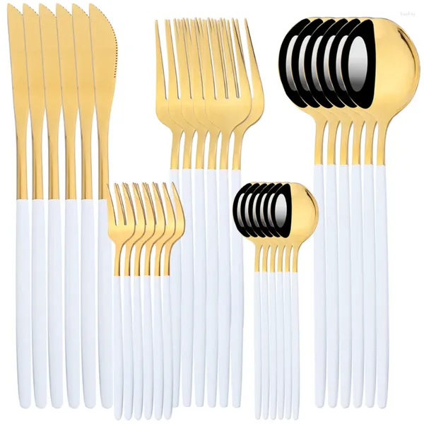 Ensembles de vaisselle AJOYOUS 30pcs Ensemble d'or blanc Couverts en acier inoxydable Couteau Fourchette Cuillère Couverts Lave-vaisselle Vaisselle sûre