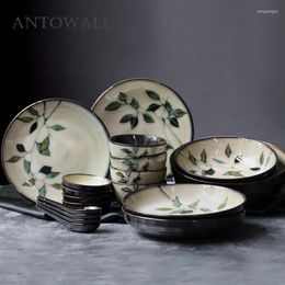 Ensembles de vaisselle ANTOWALL japonais coréen en céramique peint à la main plante vaisselle ensemble soupe assiette profonde plat plat nouilles bol de riz Sauce