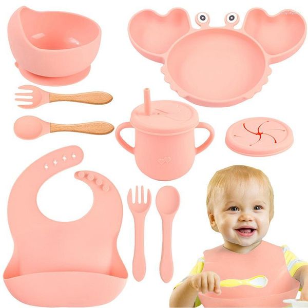 Juegos de vajilla para bebés, cuencos, platos y cucharas, platos de cangrejo Kawaii, cuenco de alimentación de silicona, vajilla antideslizante para bebés, 9 Uds.