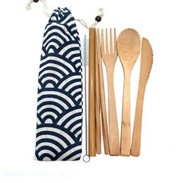 Dijkartikelen sets bamboe bestek set reisgerei Biologisch afbreekbaar houten outdoor draagbaar flatware nul afval tafelwerk setdinnerware setsdin