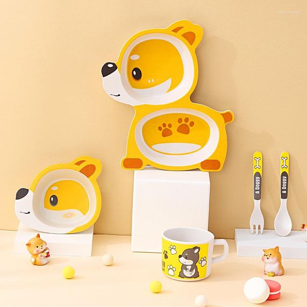 Ensembles de vaisselle en fibre de bambou ensemble de couverts pour enfants bébé dessin animé grille divisée assiette à dîner bol de riz repas tasse cuillère fourchette