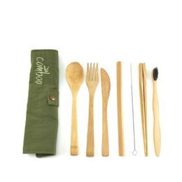 Diny sets sets bamboe reisgerei duurzame bestek set herbruikbare mes vork lepel biologisch afbreekbare rietjes chopsticks nul afval wrapdinn