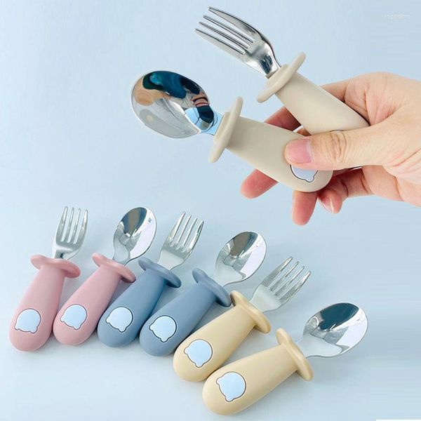 Ensembles de vaisselle ours dessin animé ensemble de vaisselle enfants en acier inoxydable bébé alimentation cuillère fourchette