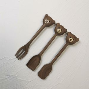 Juegos de vajilla Cuchara de oso Cubiertos de nuez negra Vajilla de madera Tenedor de postre Juego de cuchillos de mantequilla Cocina de exhibición hecha a mano