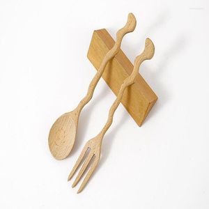 Dijksiesets Beech Fork en Spoon Creative Curved Long Handle houten huishoudelijk EL -medewerkers