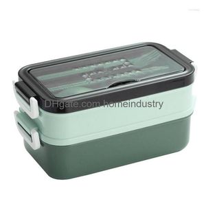 Serviessets Bento Box Adt Lunch Roestvrij 2-laags lekvrije container Adts Kindermagnetron Vaatwasser met bestek Drop Delivery Dhjcy