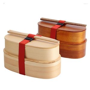 Ensembles de vaisselle Ensemble de boîtes à bento Déjeuner en bois naturel japonais avec sangles et baguettes Conteneur à sushi pour adultes Enfants Préparation de repas