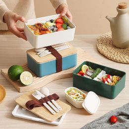 Juegos de vajilla, fiambrera Bento con tapa de bambú para adultos/niños, contenedor a prueba de fugas, incluye juego de cubiertos, estilo de madera, portátil