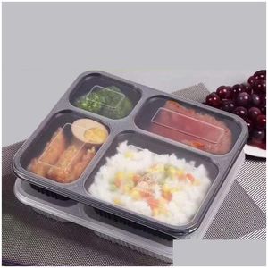 Dijkartikelen Zwart 4 compartimenten uitschakelen Containers Dintersets Grade PP Food Packing Boxes Wegwerp Bento Box voor El Drop Dh2p3