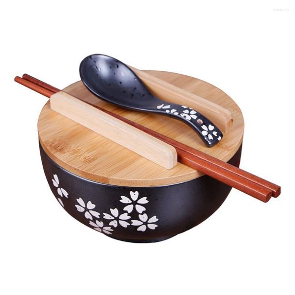 Ensembles de vaisselle nouilles en céramique noire Salada ramen Set Headset Pho Bowls Wood Kitchen Serving Student Udon