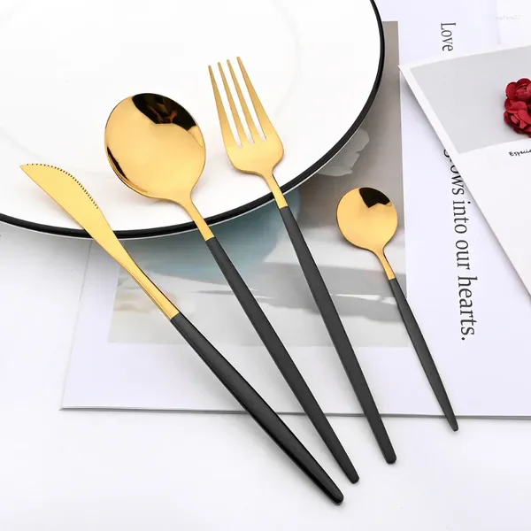 Juegos de vajilla de oro negro 4pcs cubiertos de cubiertos espejo de acero inoxidable suministros de cocina occidental cuchar de cuchilla cuchara para el hogar