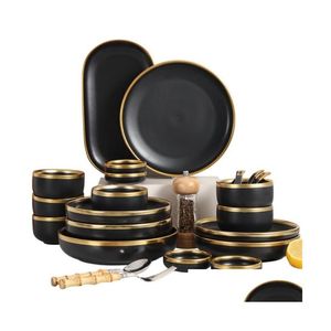 Ensembles De Vaisselle Ensemble De Vaisselle En Porcelaine Or Noir Assiette De Cuisine Céramique Alimentaire Salade Nouilles De Riz 1P Drop Delivery Home Garden Dining Dhxe9