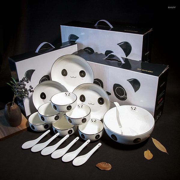 Ensembles de vaisselle ligne noire vaisselle en céramique bol Panda et baguettes ensemble boîte-cadeau accessoires de cuisine