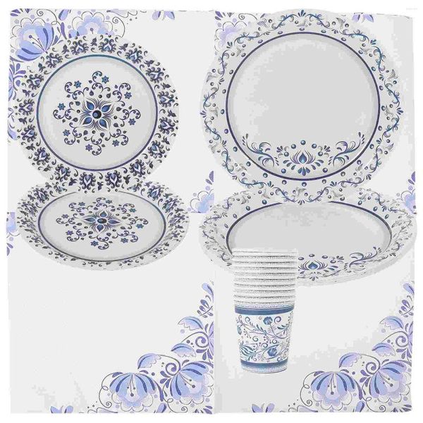 Ensembles de vaisselle Assiettes en papier de fête à thème en porcelaine bleue et blanche, tasses de vaisselle d'anniversaire en tissu, fournitures jetables décoratives pour