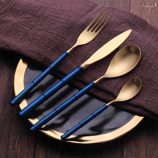 Ensembles de vaisselle bleu or couverts dîner couteau fourchette cuillère ensemble acier inoxydable couverts goutte