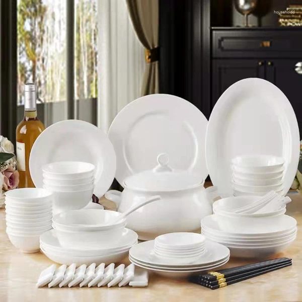Ensembles de vaisselle en porcelaine, bols, plats, vaisselle haut de gamme, couleur sous glaçure, ensemble ménager, assiette blanche