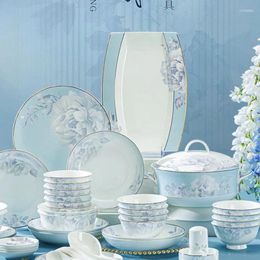 Ensembles de vaisselle Ensemble de bols et de plats Vaisselle combinée Assiette de luxe Cadeau de pendaison de crémaillère Jingdezhen Bone China