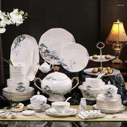 Ensembles de vaisselle bol et vaisselle ensemble ménage haute qualité porcelaine vaisselle chinois Simple lumière luxe peint plaque d'or