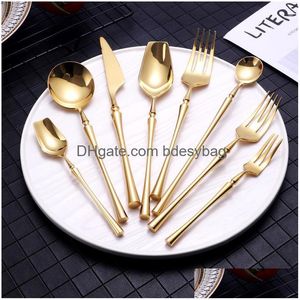 Dijksets Sets Bright Gold 18/10 Roestvrij staal Luxury Keergerei tafelwerk Mes Lepel Fork Chopsticks Flatare Set vaatwasser drop Dhfwu