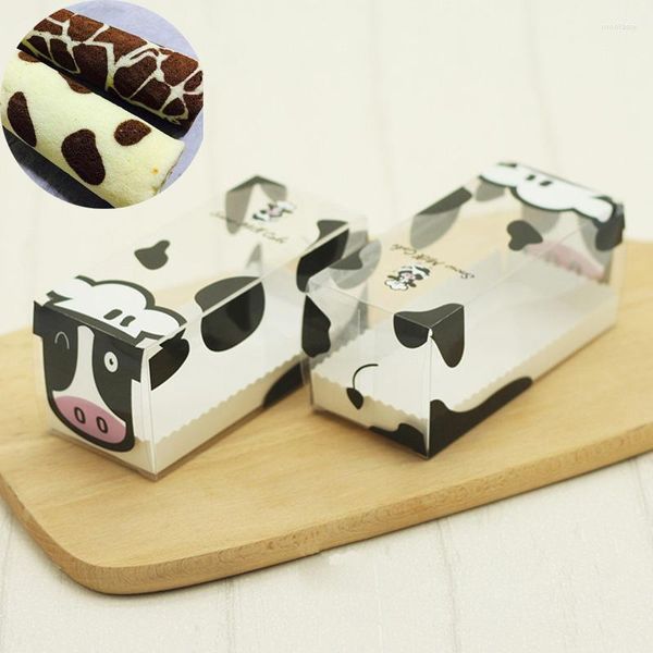 Juegos de vajilla Caja para pasteles Embalaje para hornear Cupcake Accesorios de cocina Estuches con patrón de vaca Cajas de exhibición plegables transparentes de grado 25pcs