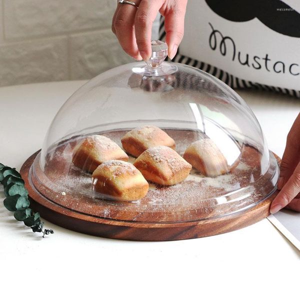 Juegos de vajilla Bandeja para pasteles Tapa Cubierta de acrílico Soporte de vidrio Cúpula transparente Soporte para cupcakes Queso Madera
