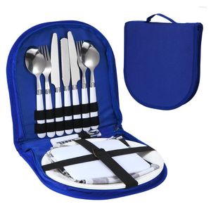 Ensembles de vaisselle Camping Kit d'argenterie Assiette en acier inoxydable Cuillère Ouvre-vin Fourchette Serviette Pique-nique en plein air Cuisine BBQ Ensemble d'ustensiles de voyage