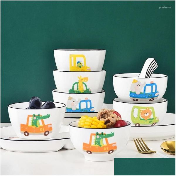 Ensembles de vaisselle Dessin animé Animal Vaisselle de voiture Boire Bol à soupe Enfants Cadeau d'anniversaire Mignon Ménage Céramique Riz Dîner Ensemble Drop D Dhp7R