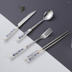 Dijksets Sets Celadon Hendel Wit Zilver Set Roestvrij stalen mes Vork Lepel Tikstoppen Kitchen Flatware