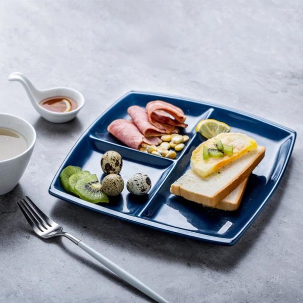 Ensembles de vaisselle, assiettes à compartiment en céramique, assiettes carrées divisées, dîner en porcelaine pour la cuisine à domicile, Restaurant (bleu foncé)