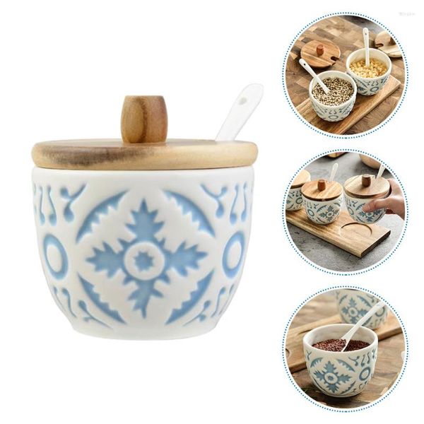 Ensembles de vaisselle Céramique Condiment Jar Conteneur Porcelaine Assaisonnement Boîte avec couvercle en bois Cuillère Sucrier Style chinois japonais pour la cuisine