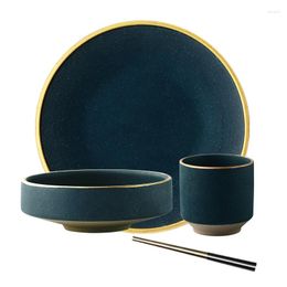 Ensembles de vaisselle en céramique, assiettes à incrustation dorée, plat à Steak, vaisselle rétro de Style nordique, bol, assiette à dîner, tasse, ensemble haut de gamme