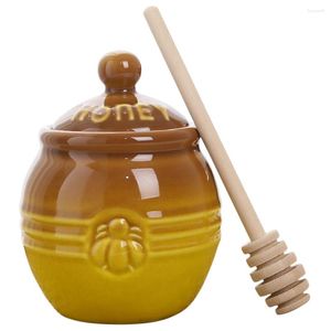 Juegos de vajilla Tarro de cerámica para miel Contenedor Tapa Bote Olla Tarros para conservas Dipper Stick Cerámica Mermelada