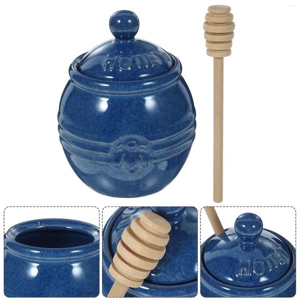 Ensembles de vaisselle Pot de miel en céramique Conteneur de sirop Pot cadeau Confiture de fruits Support en bois Bâton de louche