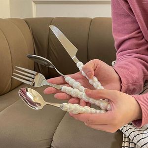 Ensembles de vaisselle en céramique perle poignée fourchette cuillère couteau ensemble de couverts argent acier inoxydable vaisselle cuisine dîner cadeau de vacances