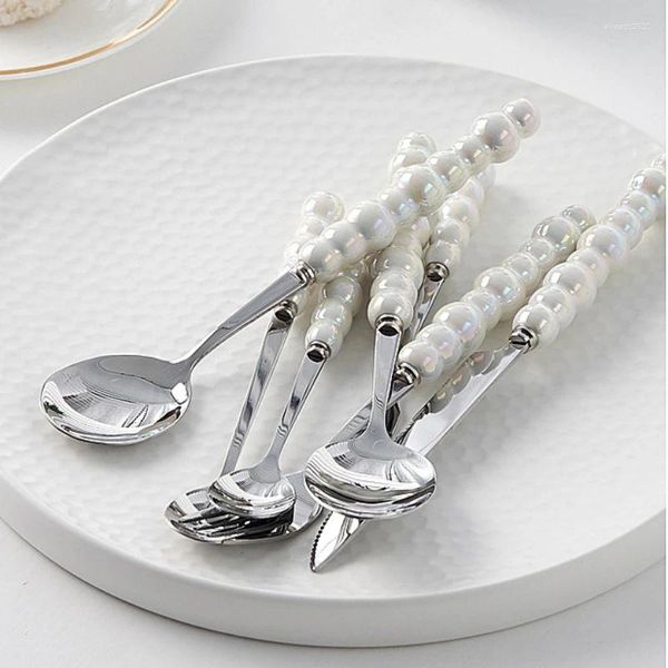 Juegos de vajilla Manejo de perlas de cerámica Juego de cubiertos de acero inoxidable Campa Camping Spoon Complete Wetaware Dinner Spoons Kitchen