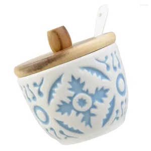 Ensembles de vaisselle Boîte d'assaisonnement en céramique Conteneur de pot de condiment en porcelaine avec couvercle Cuillère Cuisine Cruet Pot Plateau Sel Cave Sucrier