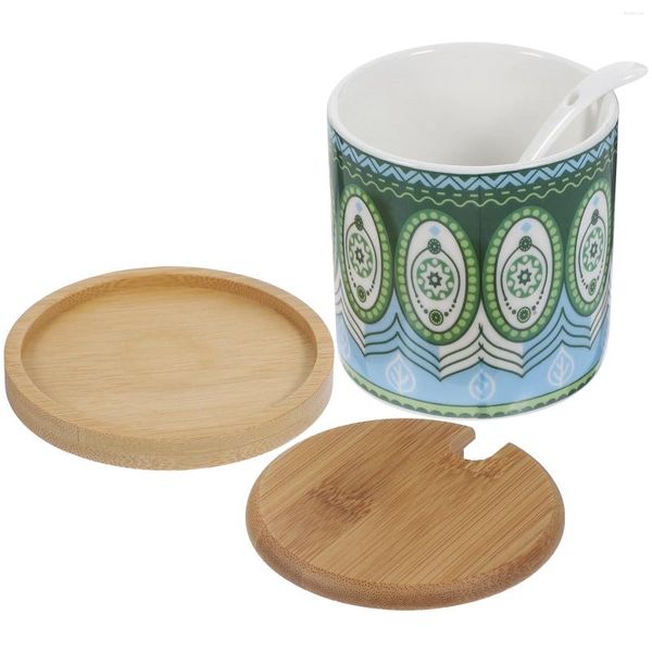 Ensembles de vaisselle en céramique pot d'assaisonnement Poc des pots de stockage de condiments avec couvercles Récipient de récipients de bambou